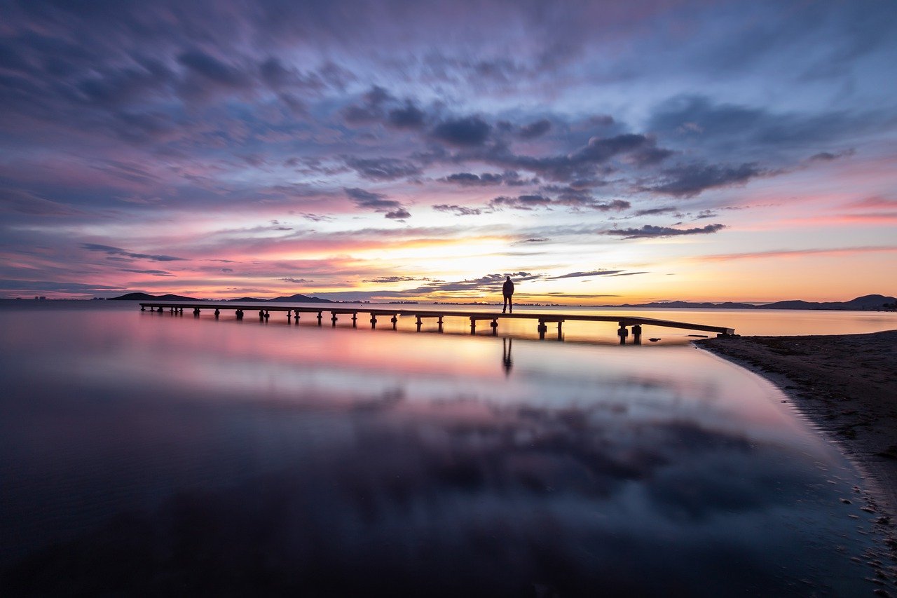 lake, pier, sunset